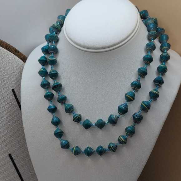 Turquoise Blue Long Beaded Bead 4 Life Uganda Necklace - Picture 4 of 5